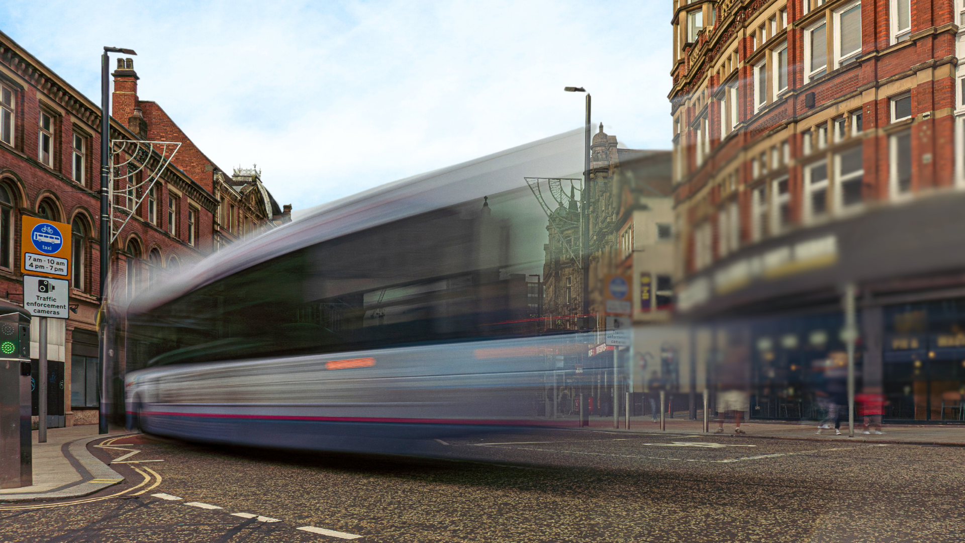 A bus in Leeds City Center, Yorkshire.