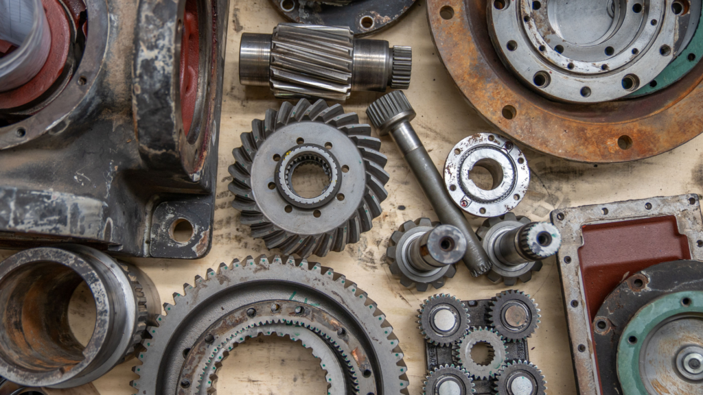 Cogs and bolts on a workbench.
