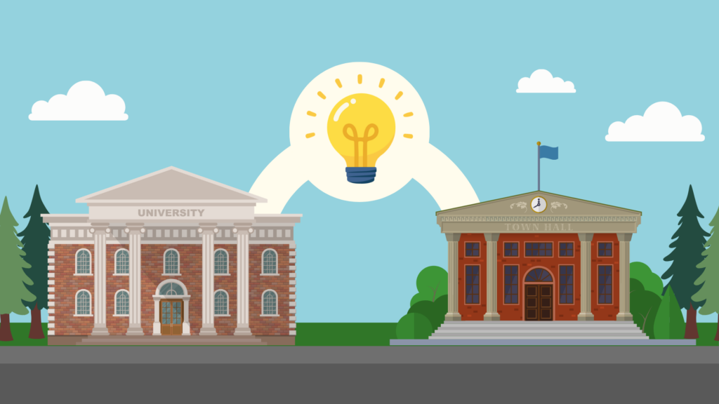 A university and townhall connected by a bridge of ideas.